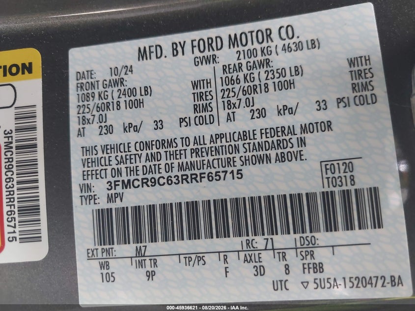 2024 Ford Bronco sport VIN 3FMCR9C63RRF65715 IAAI salvage auction — RIGHT SIDE, Salvage Title, sold $7,800 on 2026-09-21 (photo 9)