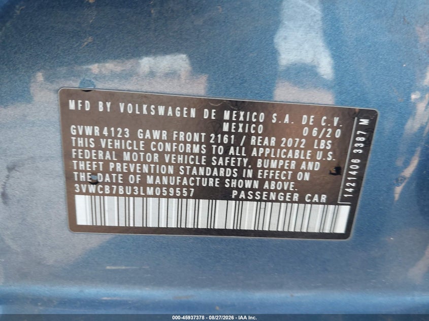 2020 Volkswagen Jetta VIN 3VWCB7BU3LM059557 IAAI salvage auction — FRONT END, Salvage (California), sold $3,100 on 2026-09-23 (photo 9)
