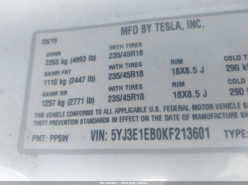 2019 Tesla Model 3 VIN 5YJ3E1EB0KF213601 IAAI salvage auction — NORMAL WEAR, Clear-Dealer Only (Arizona), sold $10,350 on 2026-09-01 (photo 9)
