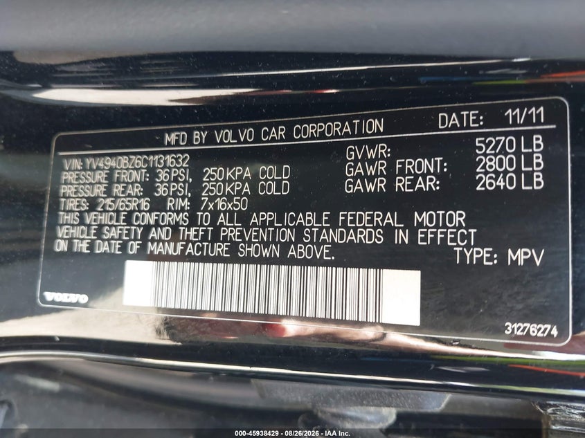 2012 Volvo Xc70 VIN YV4940BZ6C1131632 IAAI salvage auction — FRONT END, Salvage Title, sold $850 on 2026-09-04 (photo 9)