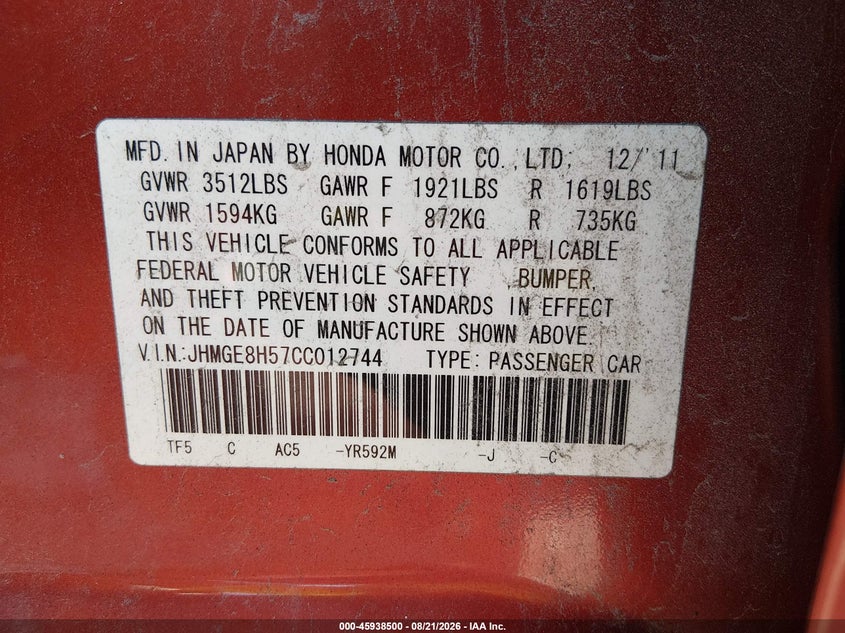 2012 Honda Fit VIN JHMGE8H57CC012744 IAAI salvage auction — FRONT END, Salvage Title, sold $1,200 on 2026-10-05 (photo 9)