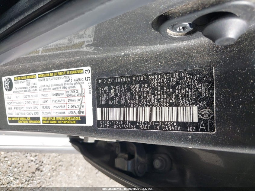 2007 Toyota Corolla VIN 2T1BR32E67C850286 IAAI salvage auction — REAR END, Salvage - Greater Than 75% (Maryland), sold $1,250 on 2026-09-04 (photo 9)