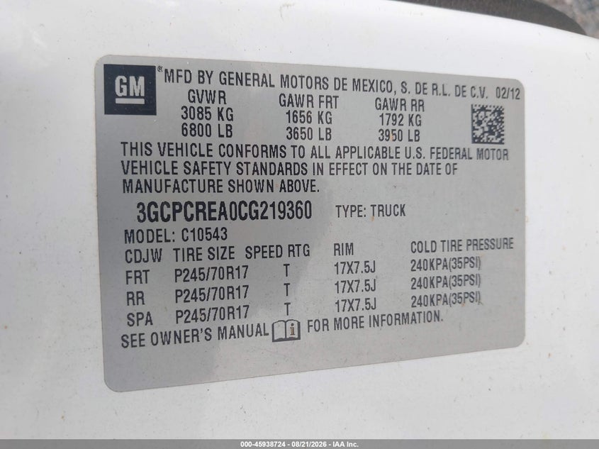 2012 Chevrolet Silverado VIN 3GCPCREA0CG219360 IAAI salvage auction — ALL OVER, Salvage (Georgia), sold $75 on 2026-10-06 (photo 9)