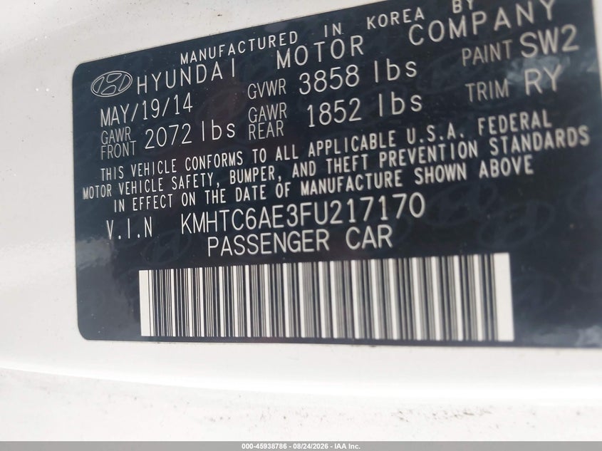 2015 Hyundai Veloster VIN KMHTC6AE3FU217170 IAAI salvage auction — RIGHT SIDE, Salvage - Greater Than 75% (Maryland), sold $925 on 2026-09-14 (photo 9)