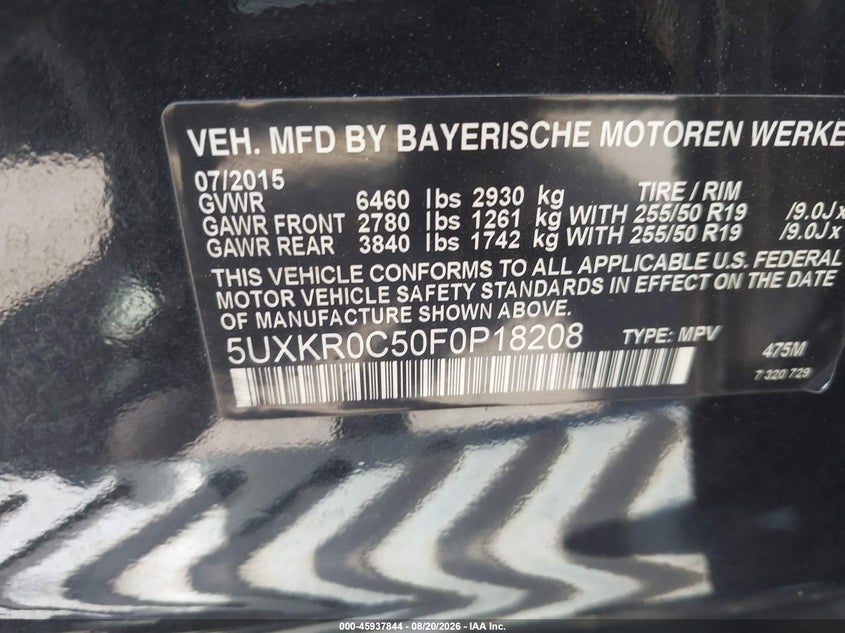 2015 BMW X5 VIN 5UXKR0C50F0P18208 IAAI salvage auction — NORMAL WEAR, Wait Title, sold $4,725 on 2026-09-13 (photo 9)