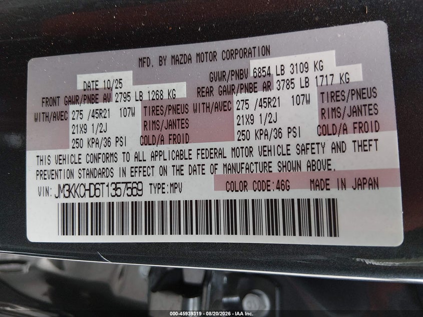 2026 Mazda Cx-90 VIN JM3KKCHD6T1357569 IAAI salvage auction — ENGINE DAMAGE, Wait Title, sold $22,700 on 2026-09-02 (photo 9)