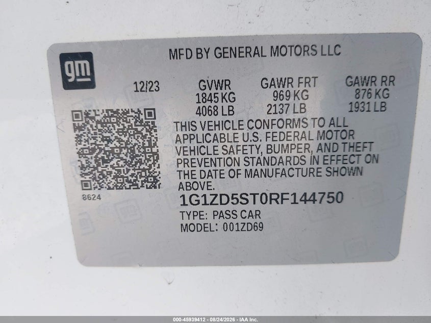 2024 Chevrolet Malibu VIN 1G1ZD5ST0RF144750 IAAI salvage auction — FRONT END, Salvage Title, sold $8,025 on 2026-09-02 (photo 9)