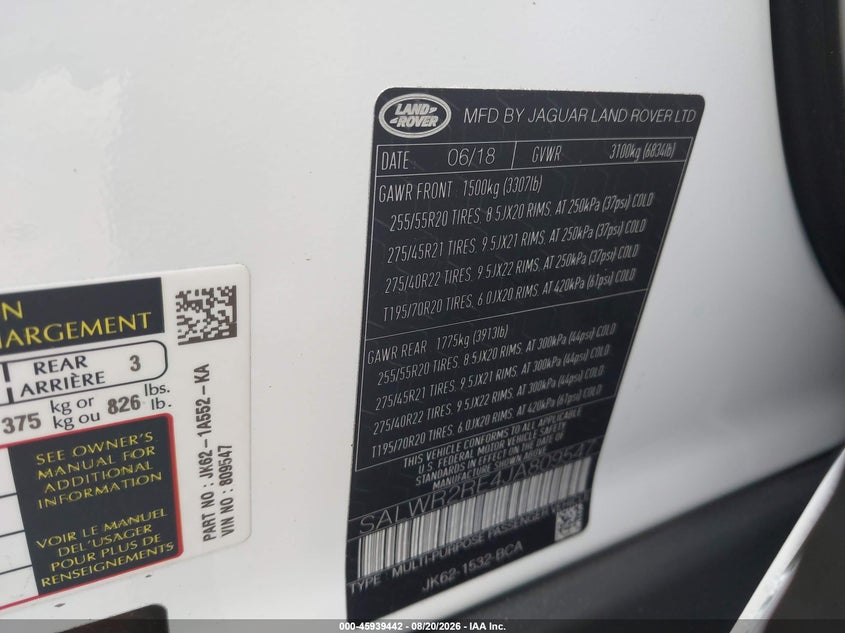 2018 Land rover Range rover sport VIN SALWR2RE4JA809547 IAAI salvage auction — NORMAL WEAR, Clear (Maryland), sold $16,300 on 2026-08-26 (photo 9)