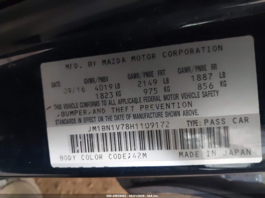 2017 Mazda 3 VIN JM1BN1V78H1109172 IAAI salvage auction — FRONT END, Salvage Title, sold $1,950 on 2026-10-01 (photo 9)