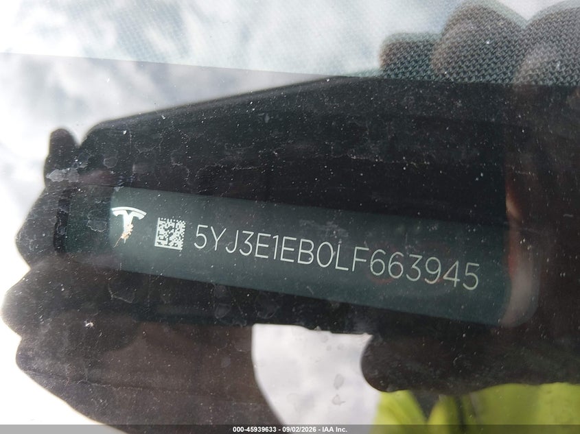 2020 Tesla Model 3 VIN 5YJ3E1EB0LF663945 IAAI salvage auction — FRONT END, Wait Title, sold $5,000 on 2026-10-16 (photo 9)