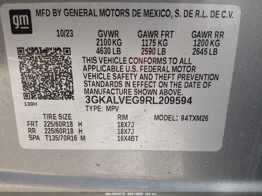 2024 Gmc Terrain VIN 3GKALVEG9RL209594 IAAI salvage auction — STORM DAMAGE, Wait Title, sold $7,850 on 2026-10-07 (photo 9)