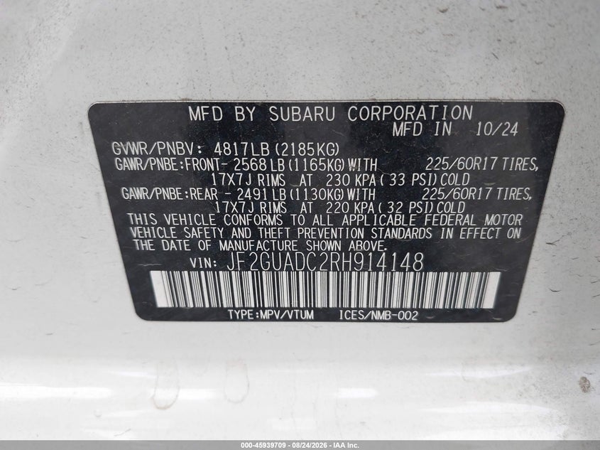 2024 Subaru Xv VIN JF2GUADC2RH914148 IAAI salvage auction — ROOF, Clear (California), sold $8,600 on 2026-09-09 (photo 9)