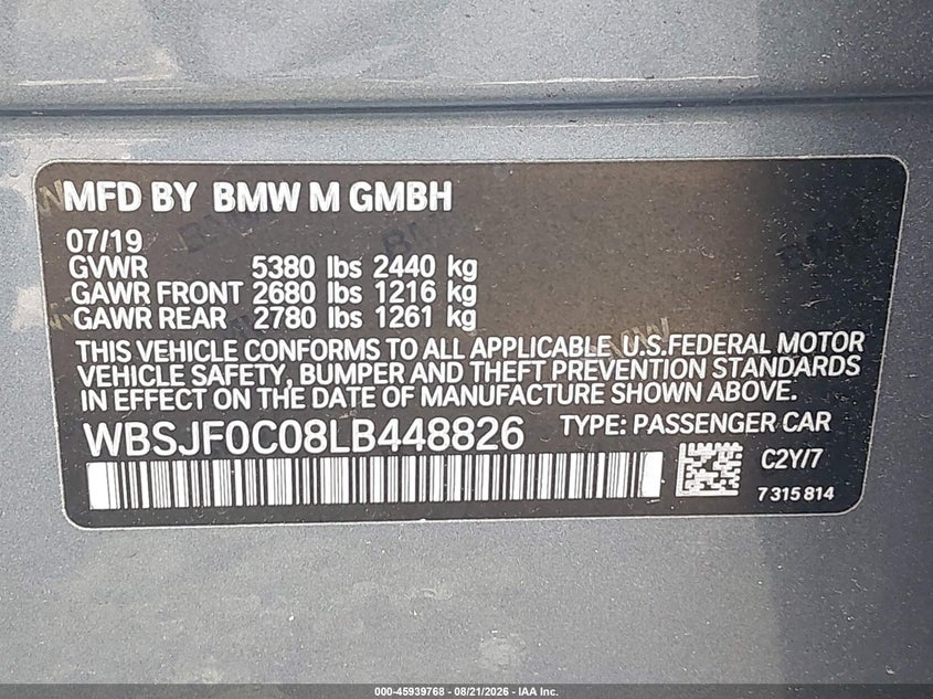2020 BMW M5 VIN WBSJF0C08LB448826 IAAI salvage auction — FRONT & REAR, Salvage Title, sold $21,800 on 2026-10-12 (photo 9)