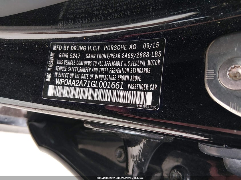 2016 Porsche Panamera VIN WP0AA2A71GL001661 IAAI salvage auction — FRONT END, Original (Texas), sold $8,900 on 2026-08-29 (photo 9)