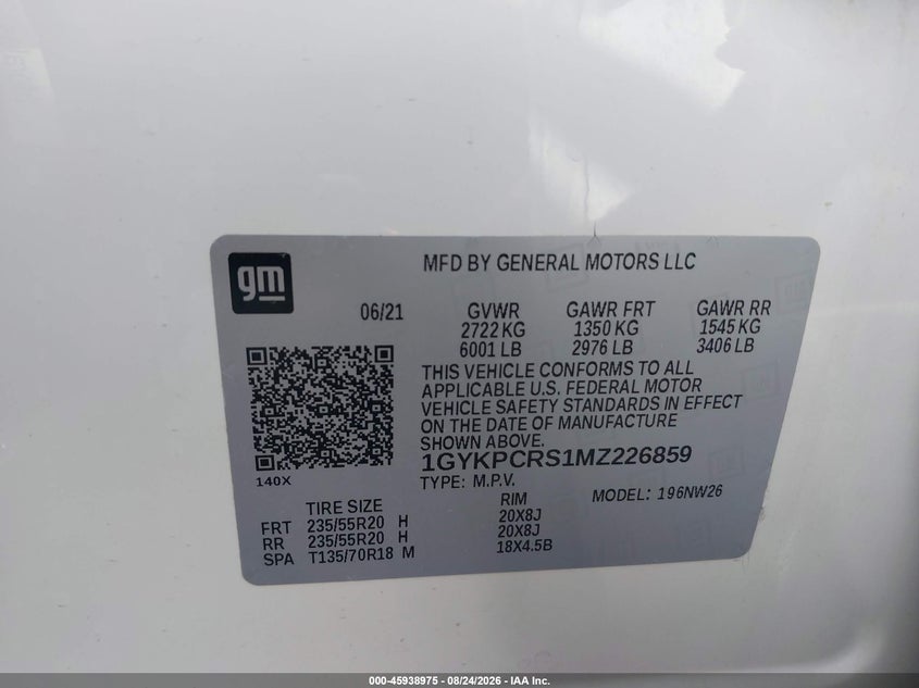 2021 Cadillac Xt6 VIN 1GYKPCRS1MZ226859 IAAI salvage auction — FRONT END, Wait Title, sold $6,800 on 2026-10-15 (photo 9)