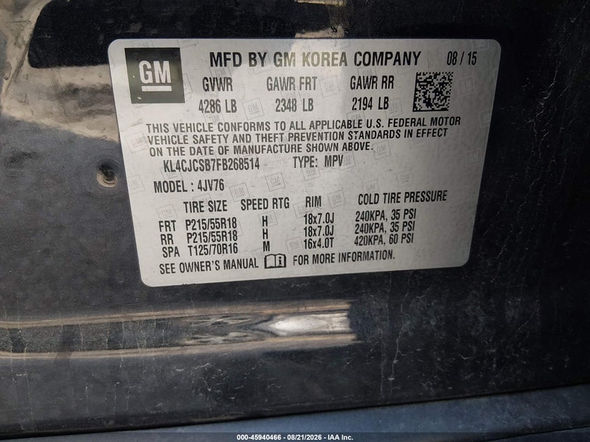 2015 Buick Encore VIN KL4CJCSB7FB268514 IAAI salvage auction — LEFT FRONT, Wait Title, sold $825 on 2026-09-06 (photo 9)