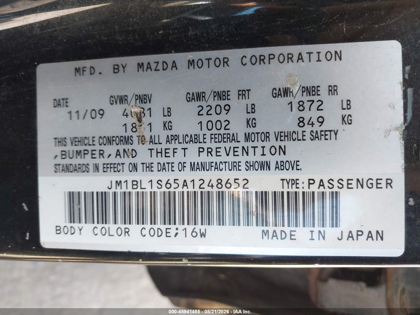 2010 Mazda 3 VIN JM1BL1S65A1248652 IAAI salvage auction — NORMAL WEAR, Original (Maine), sold $250 on 2026-08-26 (photo 9)