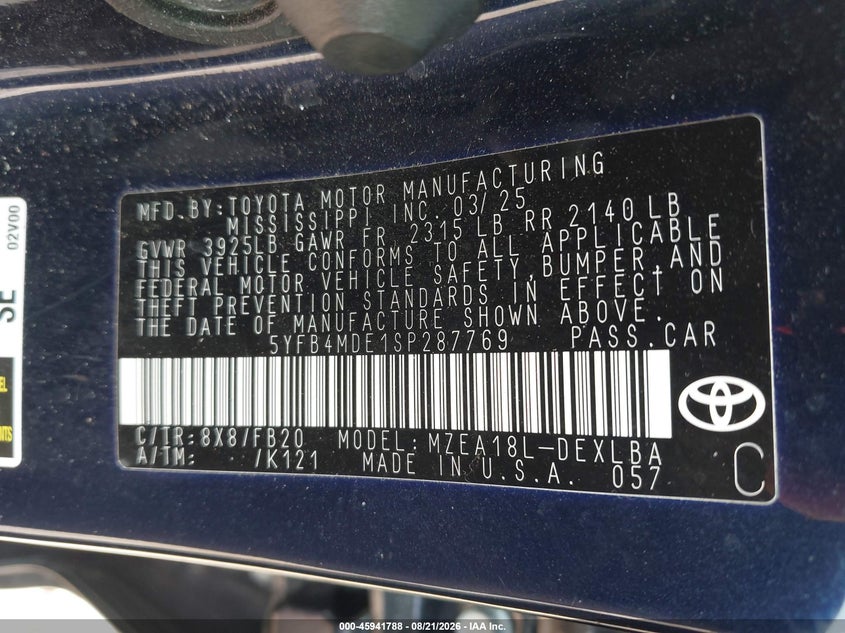 2025 Toyota Corolla VIN 5YFB4MDE1SP287769 IAAI salvage auction — SIDE, Enterprise Vehicles Clear Only (Texas), sold $10,600 on 2026-08-26 (photo 9)