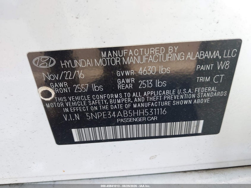 2017 Hyundai Sonata VIN 5NPE34AB5HH531116 IAAI salvage auction — FRONT & REAR, Salvage Title, sold $1,000 on 2026-09-30 (photo 9)