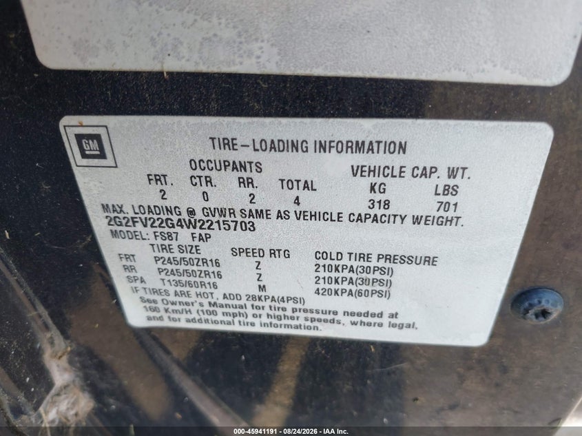 1998 Pontiac Firebird VIN 2G2FV22G4W2215703 IAAI salvage auction — NORMAL WEAR, Clear (Virginia), sold $1,300 on 2026-08-26 (photo 9)