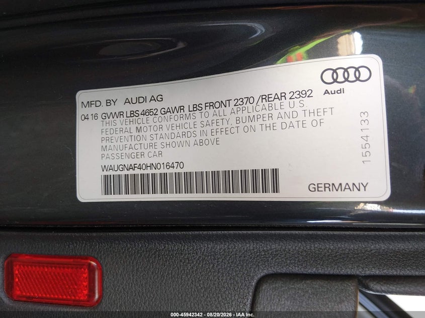 2017 Audi A4 VIN WAUGNAF40HN016470 IAAI salvage auction — FRONT END, Salvage Title, sold $1,675 on 2026-10-09 (photo 9)