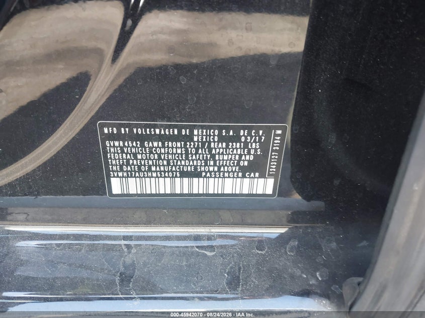 2017 Volkswagen VIN 3VWH17AU3HM534075 IAAI salvage auction — REAR END, Salvage Certificate (California), sold $4,050 on 2026-09-06 (photo 9)