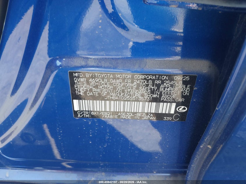 2025 Lexus Is 300 VIN JTHBA1D25S5135731 IAAI salvage auction — FRONT END, Salvage (California), sold $16,800 on 2026-09-10 (photo 9)
