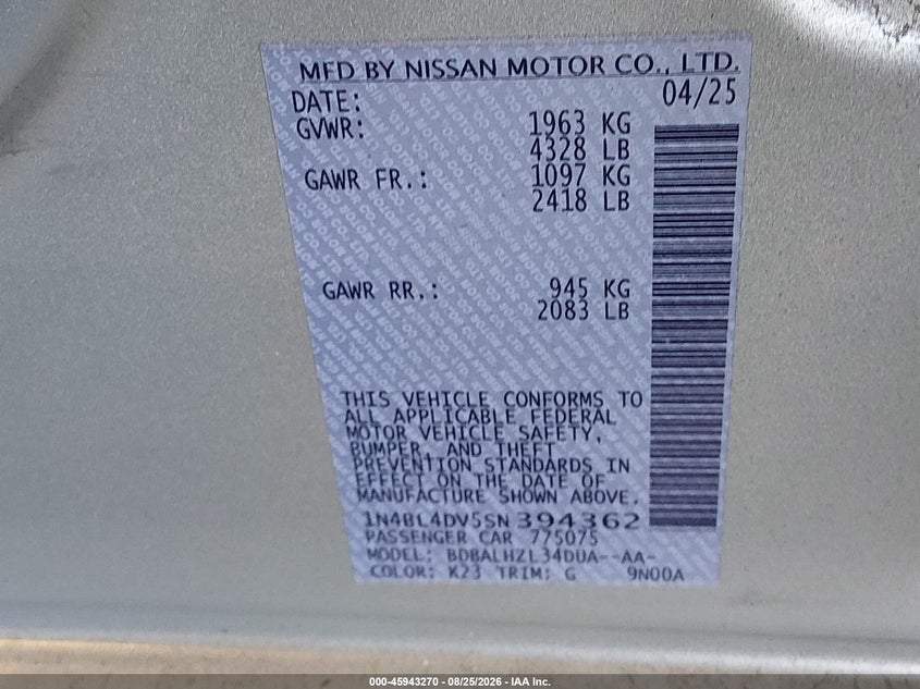 2025 Nissan Altima VIN 1N4BL4DV5SN394362 IAAI salvage auction — LEFT FRONT, Enterprise Vehicles Clear Only (Ohio), sold $14,150 on 2026-09-02 (photo 9)