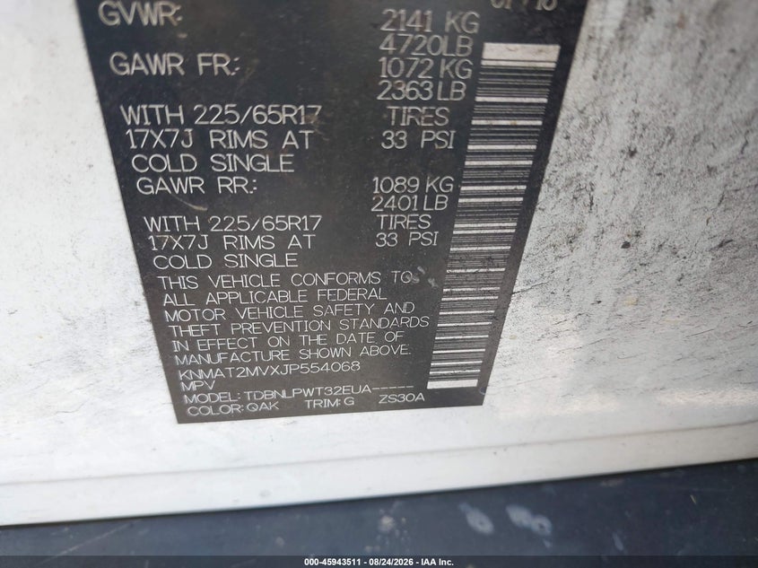 2018 Nissan Rogue VIN KNMAT2MVXJP554068 IAAI salvage auction — TRANSMISSION, Clear (Florida), sold $2,350 on 2026-09-01 (photo 9)