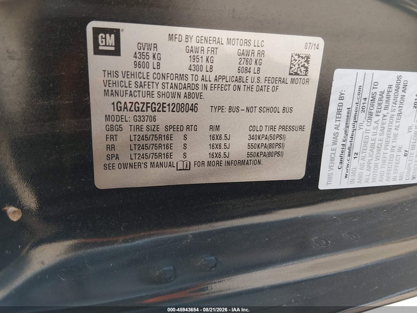 2014 Chevrolet Express 3500 VIN 1GAZGZFG2E1208046 IAAI salvage auction — NORMAL WEAR, Clear (Michigan), sold $8,050 on 2026-08-27 (photo 9)