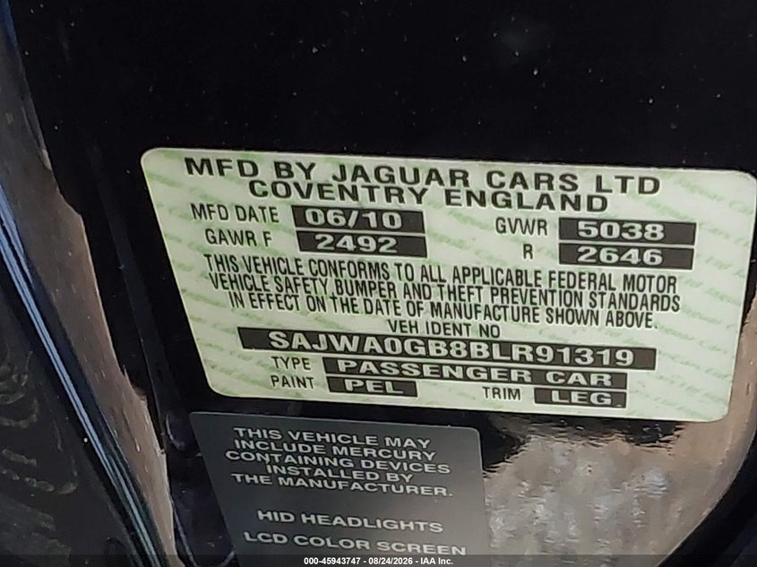 2011 Jaguar Xf VIN SAJWA0GB8BLR91319 IAAI salvage auction — FRONT END, Salvage - Greater Than 75% (Maryland), sold $700 on 2026-09-16 (photo 9)