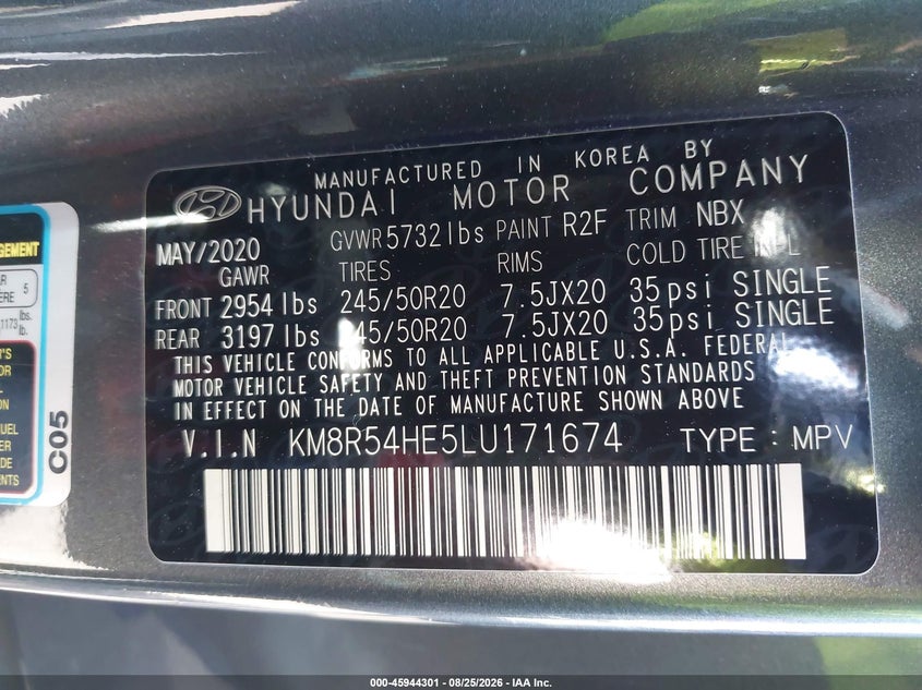 2020 Hyundai Palisade VIN KM8R54HE5LU171674 IAAI salvage auction — REAR END, Salvage Certificate (California), sold $7,175 on 2026-09-04 (photo 9)