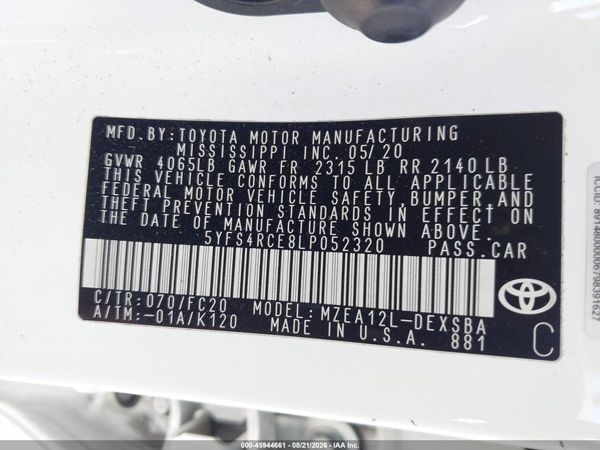 2020 Toyota Corolla VIN 5YFS4RCE8LP052320 IAAI salvage auction — FRONT END, Wait Title, sold $3,700 on 2026-09-26 (photo 9)