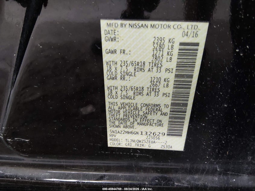 2016 Nissan Murano VIN 5N1AZ2MH6GN132629 IAAI salvage auction — BIO HAZARD, Rebuildable (Florida), sold $25 on 2026-09-10 (photo 9)