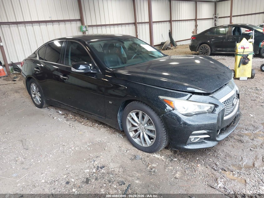 2014 Infiniti Q50 VIN JN1BV7AP8EM670123 IAAI salvage auction — FRONT END, Wait Title, sold $2,500 on 2026-10-09 (photo 1)