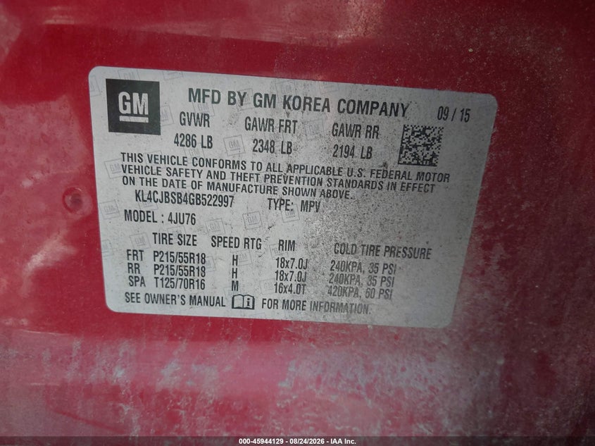 2016 Buick Encore VIN KL4CJBSB4GB522997 IAAI salvage auction — FRONT END, Salvage (Ohio), sold $1,500 on 2026-09-11 (photo 9)