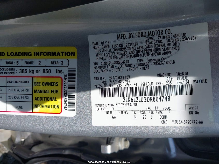 2013 Lincoln Mkz VIN 3LN6L2LU2DR804748 IAAI salvage auction — RIGHT SIDE, Wait Title, sold $900 on 2026-09-16 (photo 9)