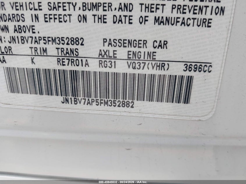 2015 Infiniti Q50 VIN JN1BV7AP5FM352882 IAAI salvage auction — THEFT, Salvage (California), sold $3,500 on 2026-09-09 (photo 9)