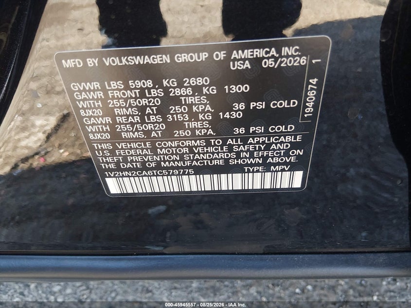 2026 Volkswagen Atlas VIN 1V2HN2CA6TC579775 IAAI salvage auction — FRONT END, Clear (Michigan), sold $21,700 on 2026-09-10 (photo 9)