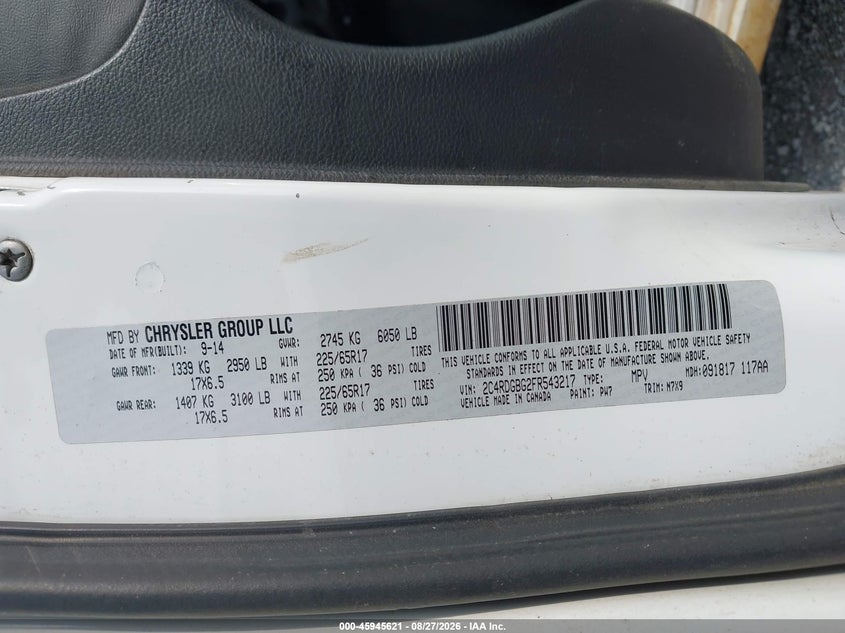 2015 Dodge Grand caravan VIN 2C4RDGBG2FR543217 IAAI salvage auction — REPOSSESSION, Clear (Florida), sold $250 on 2026-10-11 (photo 9)