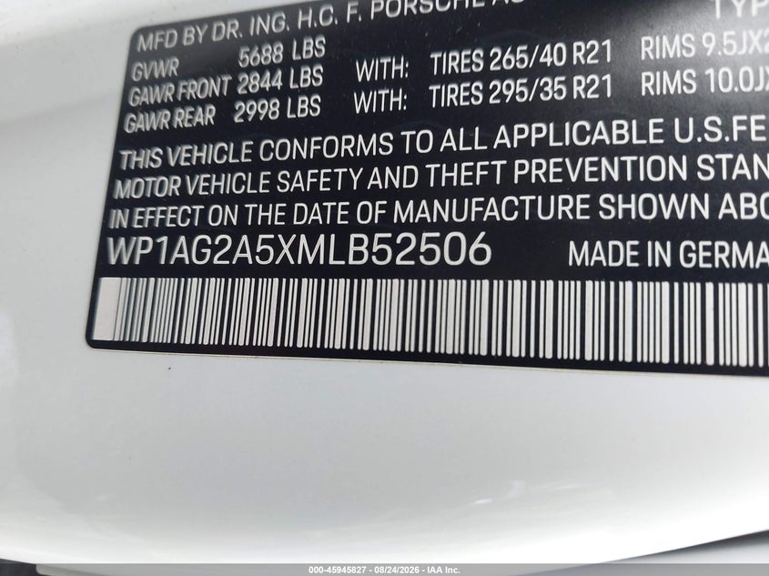 2021 Porsche Macan VIN WP1AG2A5XMLB52506 IAAI salvage auction — FRONT END, Salvage Title, sold $17,100 on 2026-08-30 (photo 9)