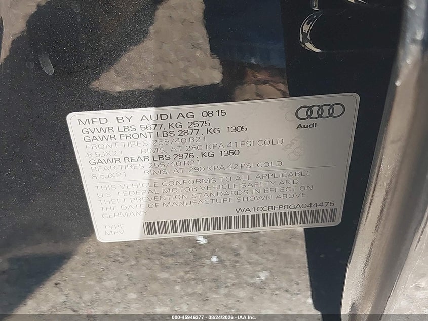 2016 Audi Sq5 VIN WA1CCBFP8GA044475 IAAI salvage auction — FRONT END, Wait Title, sold $3,300 on 2026-09-26 (photo 9)