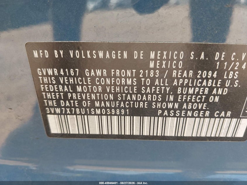 2025 Volkswagen Jetta VIN 3VW7X7BU1SM039891 IAAI salvage auction — FRONT END, Enterprise Vehicles Clear Only (Texas), sold $13,650 on 2026-09-02 (photo 9)