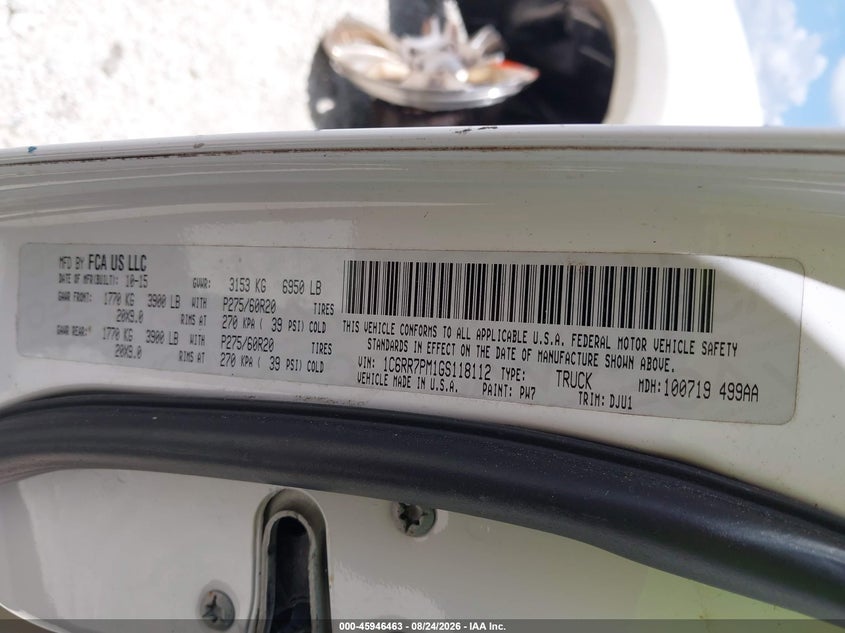 2016 Ram 1500 VIN 1C6RR7PM1GS118112 IAAI salvage auction — ROLLOVER, Salvage Title, sold $1,000 on 2026-09-26 (photo 9)