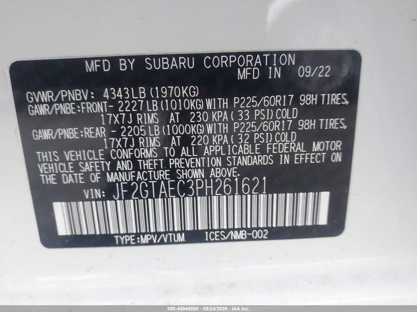 2023 Subaru Xv VIN JF2GTAEC3PH261621 IAAI salvage auction — FRONT END, Rebuildable (Florida), sold $8,300 on 2026-09-22 (photo 9)