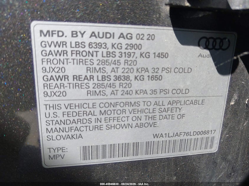 2020 Audi Q7 VIN WA1LJAF76LD006817 IAAI salvage auction — FRONT END, Salvage Title, sold $17,200 on 2026-09-04 (photo 9)