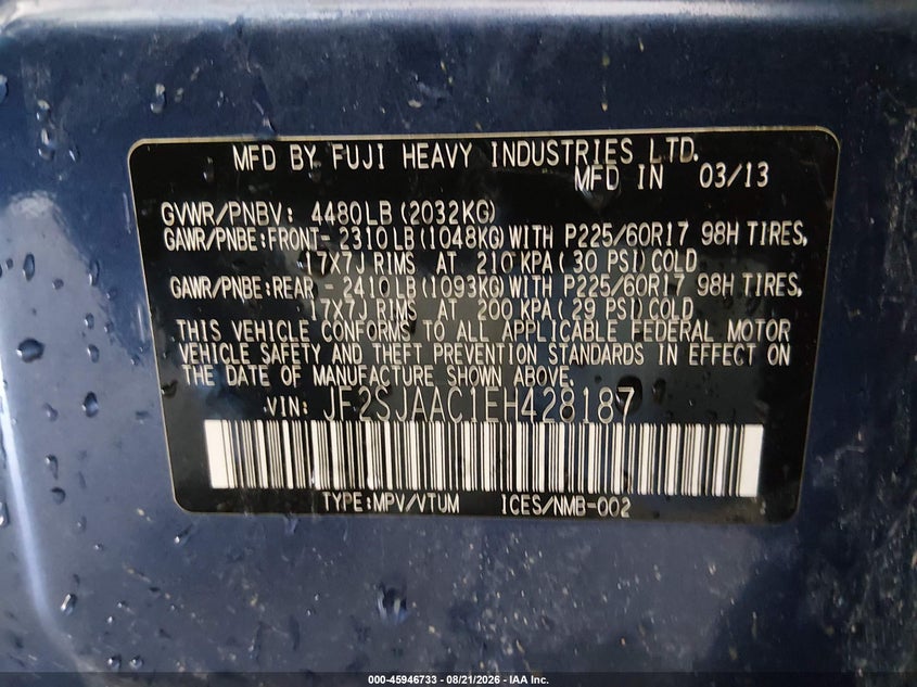 2014 Subaru Forester VIN JF2SJAAC1EH428187 IAAI salvage auction — FRONT END, Wait Title, sold $425 on 2026-08-29 (photo 9)