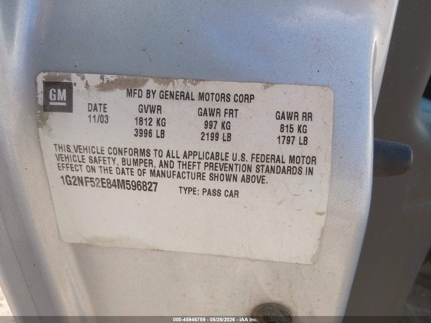 2004 Pontiac Grand am VIN 1G2NF52E84M596827 IAAI salvage auction — NORMAL WEAR, Clear-Endorsement (Wisconsin), sold $325 on 2026-09-19 (photo 9)