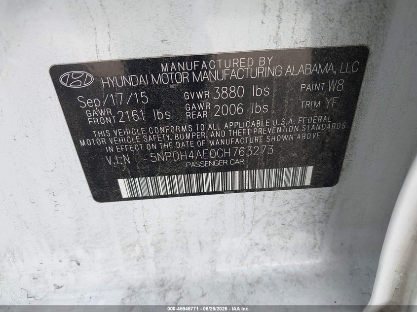2016 Hyundai Elantra VIN 5NPDH4AE0GH763273 IAAI salvage auction — FRONT END, Salvage - Greater Than 75% (Maryland), sold $775 on 2026-09-04 (photo 9)