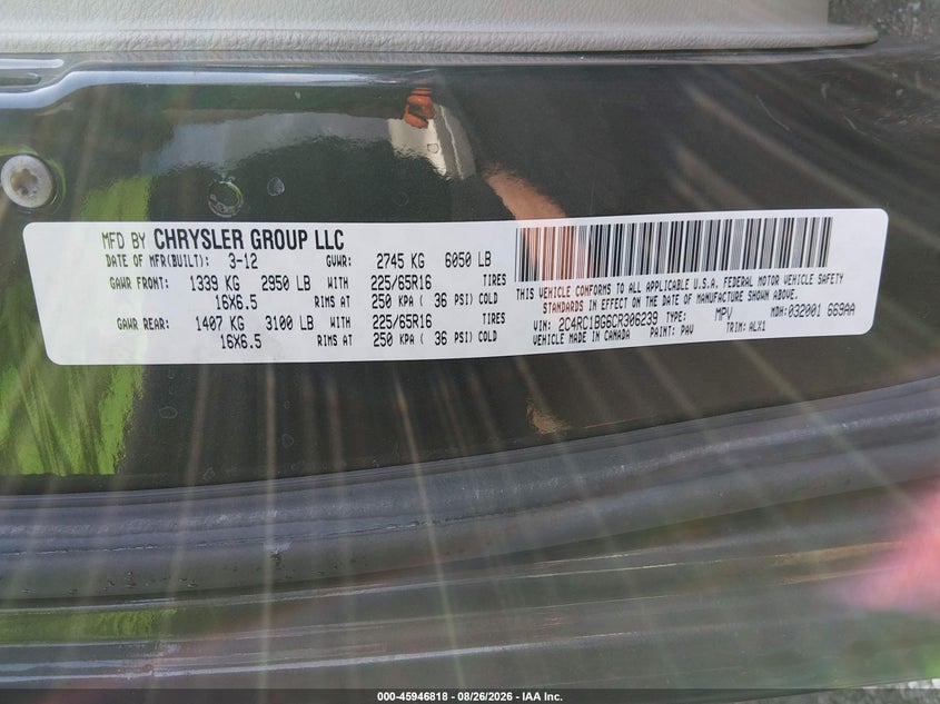 2012 Chrysler Town & country VIN 2C4RC1BG6CR306239 IAAI salvage auction — FRONT END, Salvage Title, sold $500 on 2026-09-23 (photo 9)